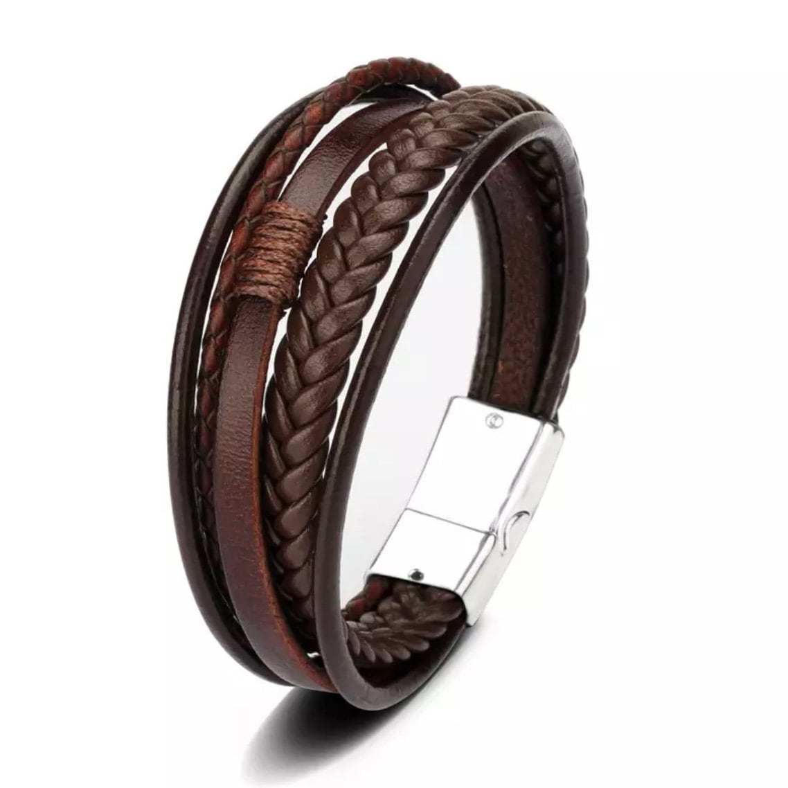 Leather Stainless Steel Multilayer Braided Rope Bracelet Wristband