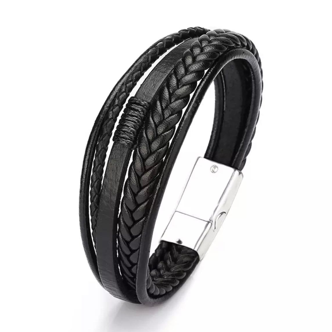 Leather Stainless Steel Multilayer Braided Rope Bracelet Wristband