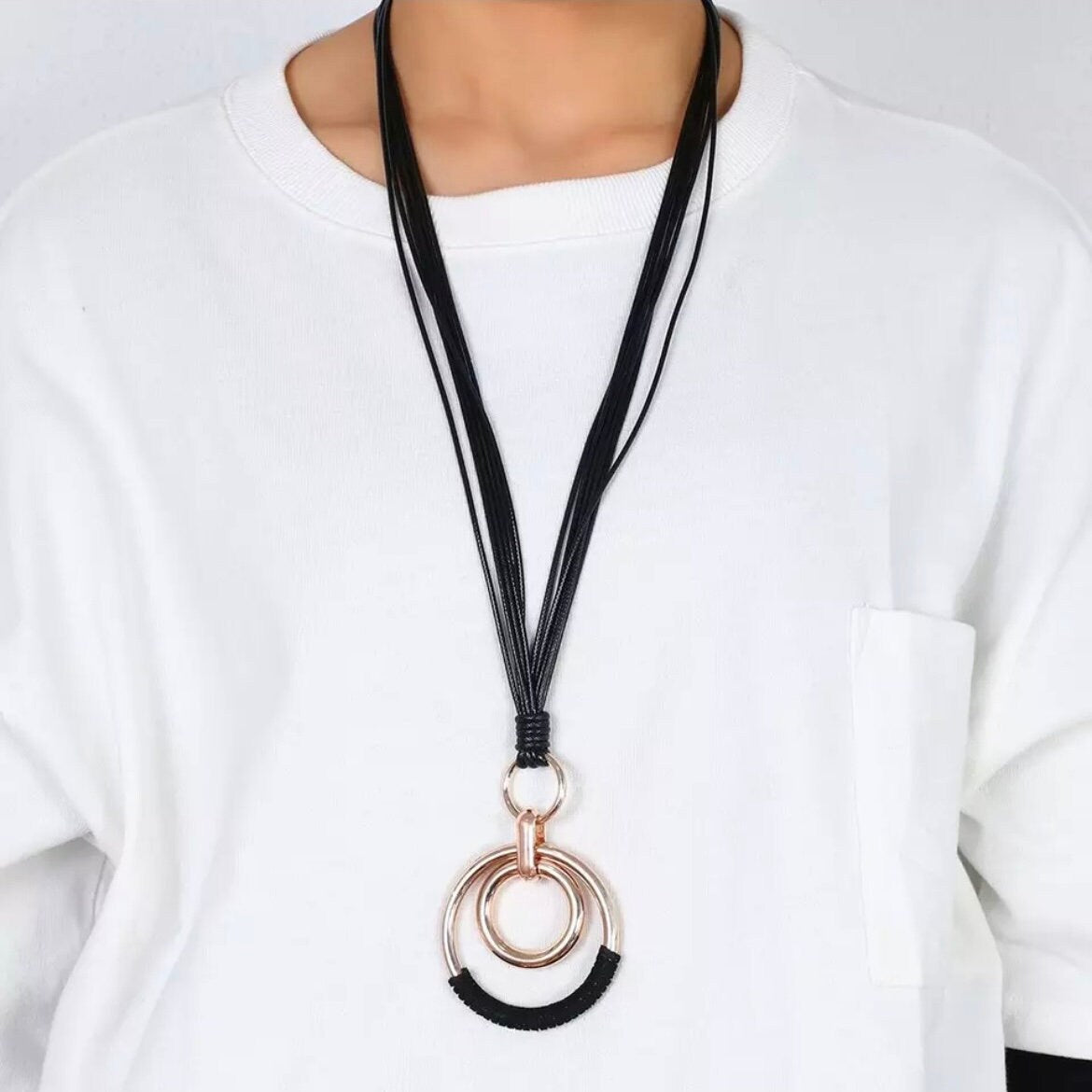 Stylish Long Leather Necklace with Large Double Circle Sweater Pendant Chain