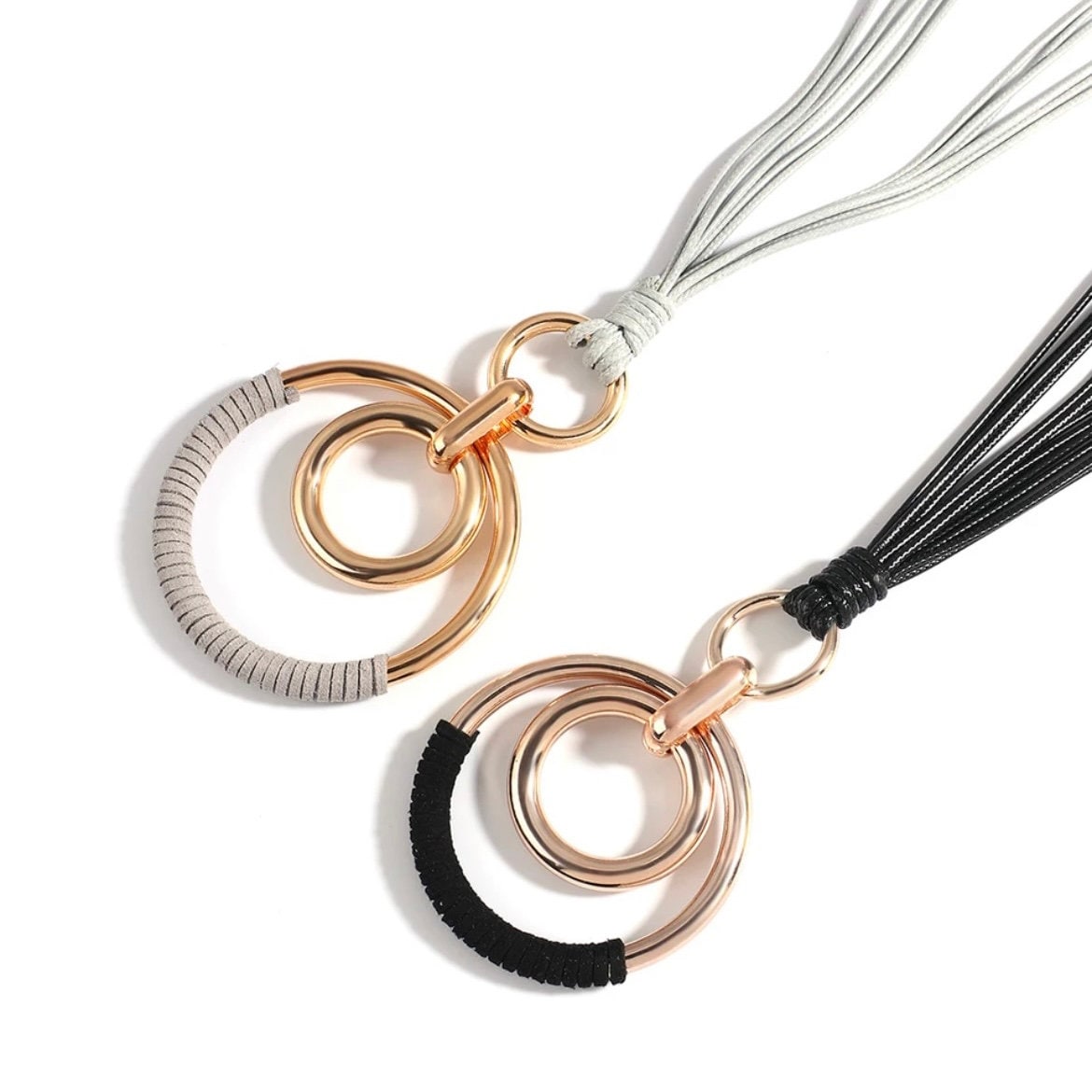 Stylish Long Leather Necklace with Large Double Circle Sweater Pendant Chain