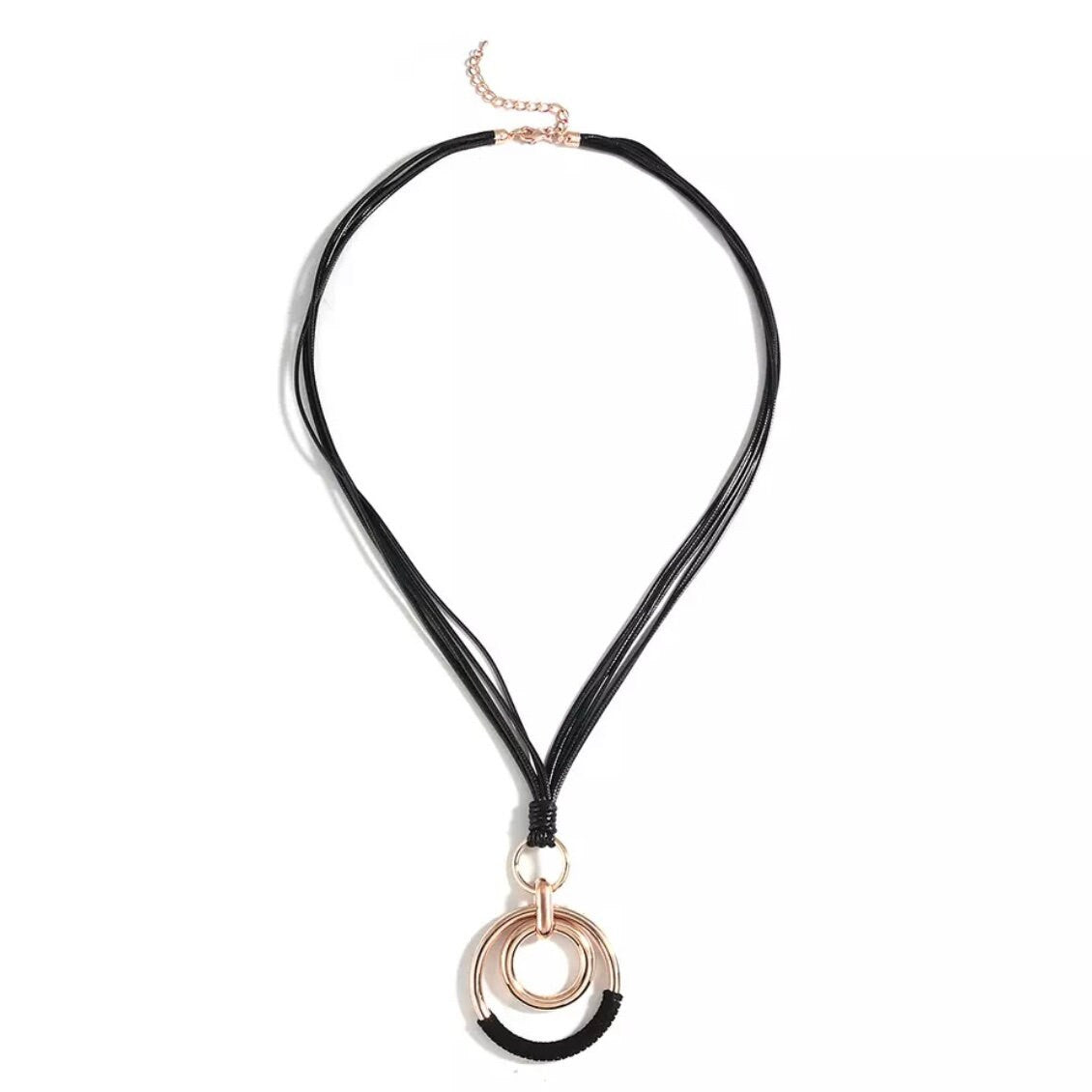 Stylish Long Leather Necklace with Large Double Circle Sweater Pendant Chain