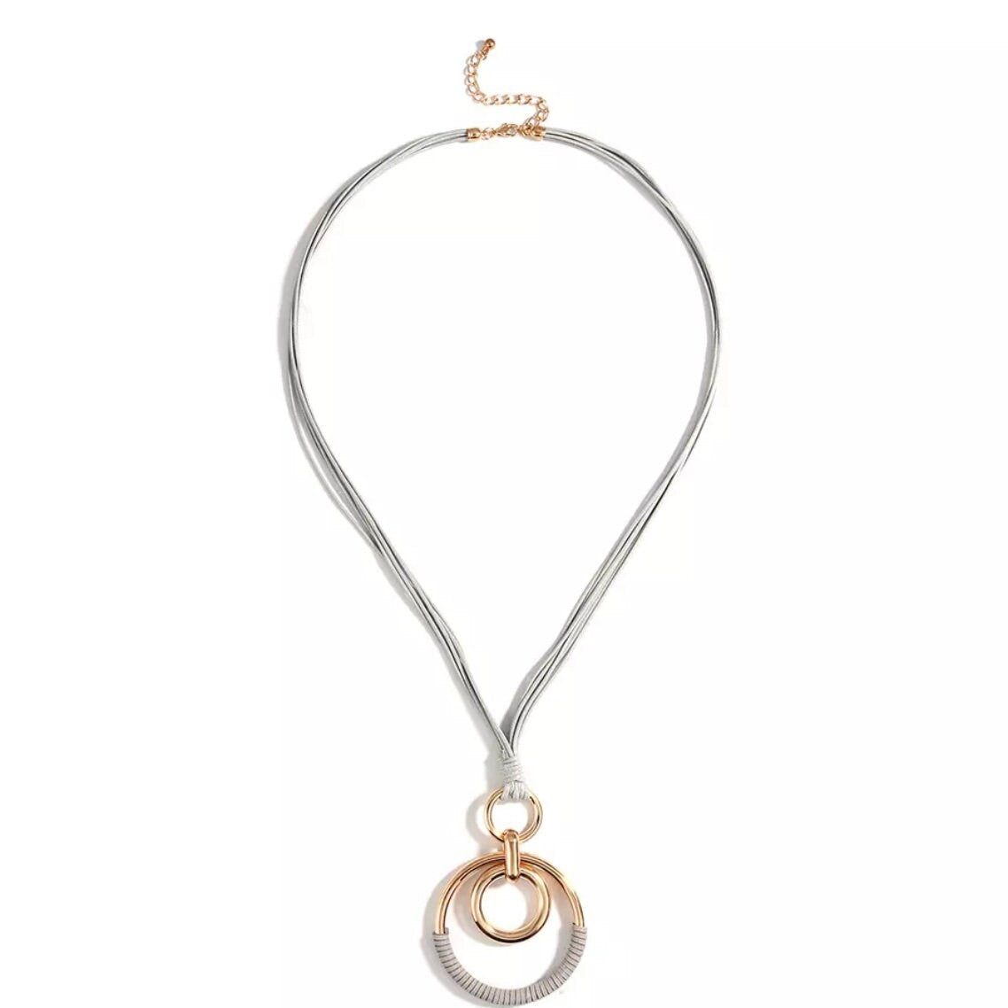 Stylish Long Leather Necklace with Large Double Circle Sweater Pendant Chain