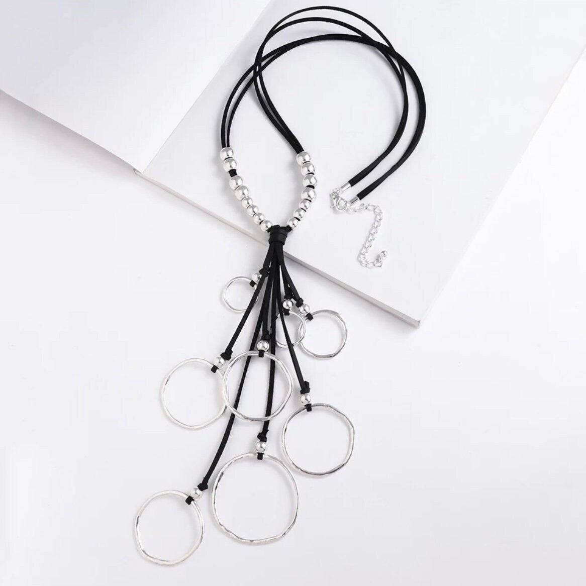 Large Loop Circle Statement Sweater Pendant Beads Tassel Long Leather Cord Necklace