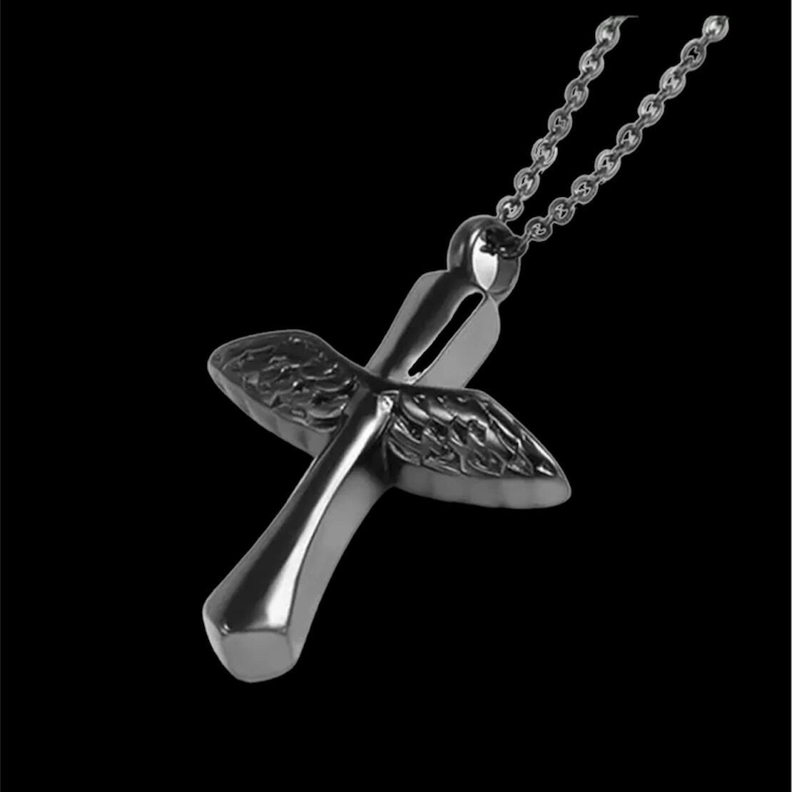 Metal Funeral Ashes Cremation Black Angel Wings Cross Urn Pendant Necklace