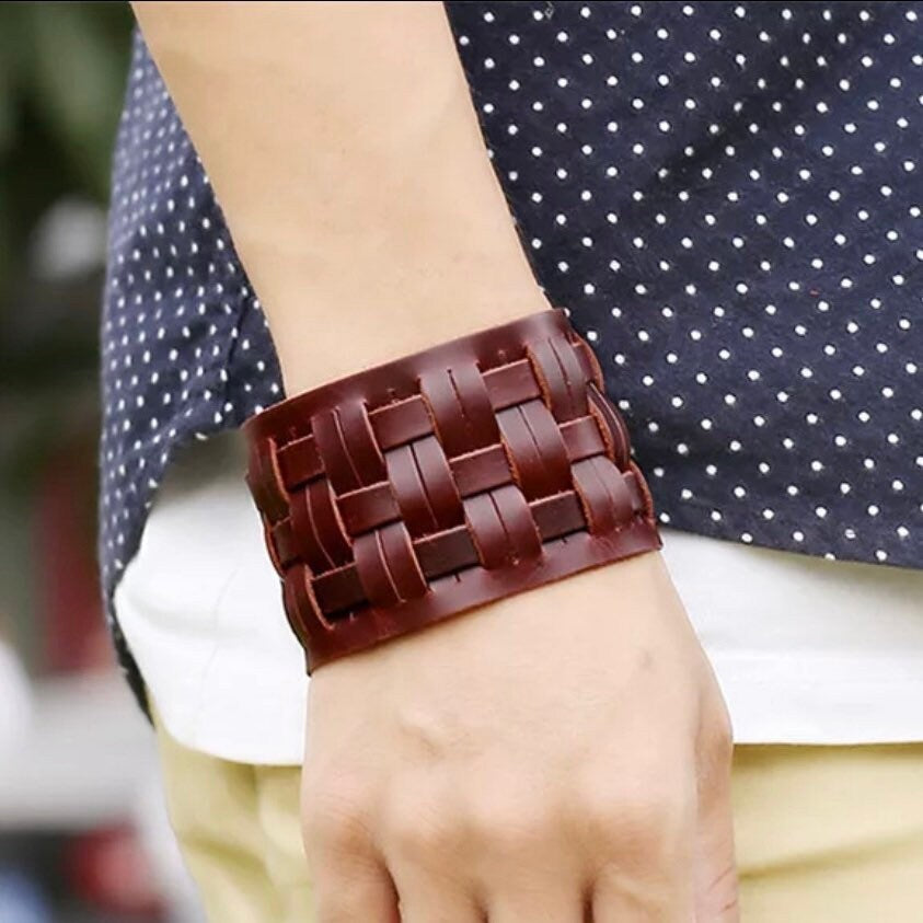 Wide Leather Band Cuff Punk Bracelet Available in Black & Brown