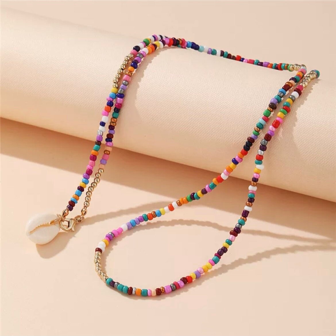 Bohemian Colourful Beaded Shell Pendant Necklace