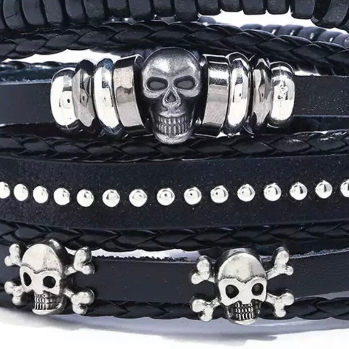 4 Layered/PCS Braided Wrap Multi Skull Leather Black Bracelet