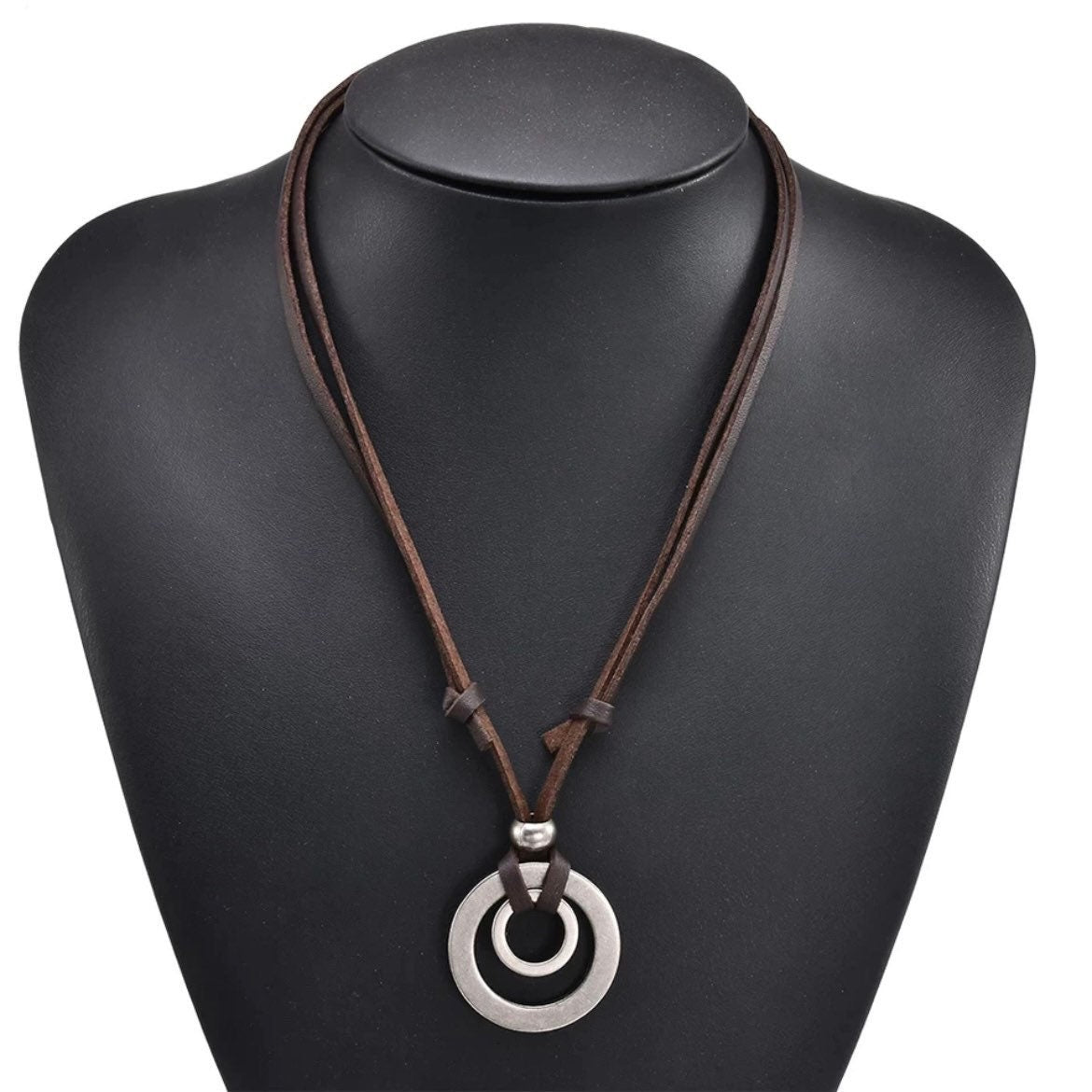 Double Circle Adjustable Leather Cord Necklace Pendant