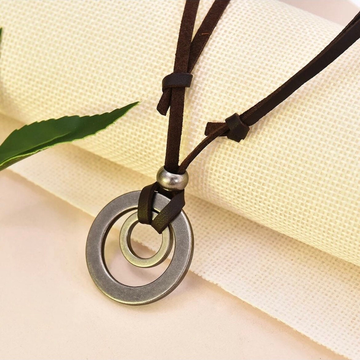 Double Circle Adjustable Leather Cord Necklace Pendant