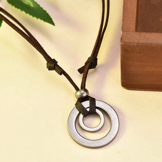 Double Circle Adjustable Leather Cord Necklace Pendant