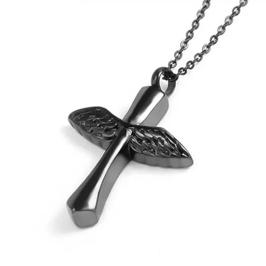 Metal Funeral Ashes Cremation Black Angel Wings Cross Urn Pendant Necklace