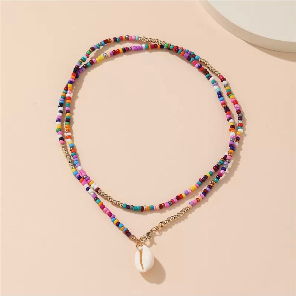 Bohemian Colourful Beaded Shell Pendant Necklace