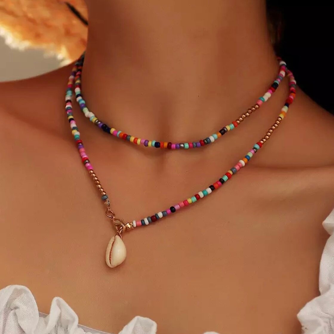 Bohemian Colourful Beaded Shell Pendant Necklace