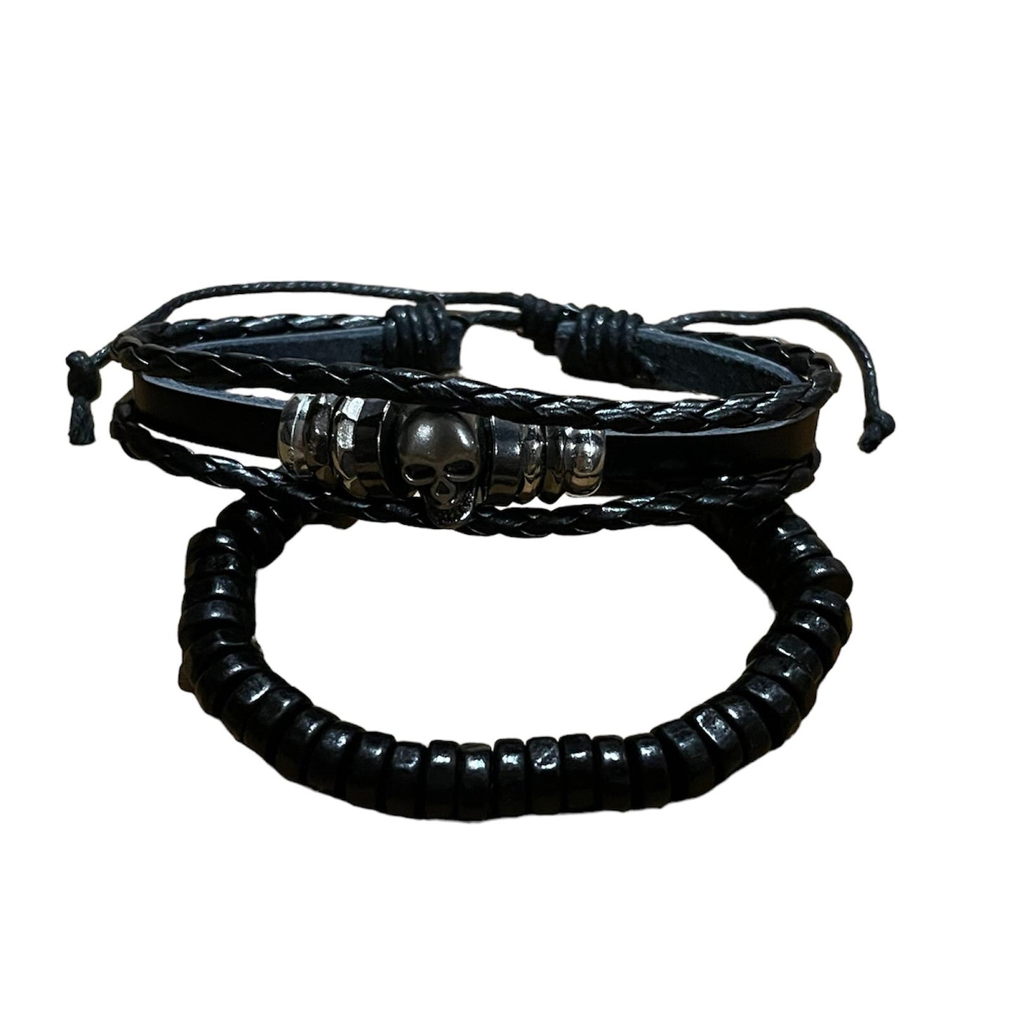 4 Layered/PCS Braided Wrap Multi Skull Leather Black Bracelet