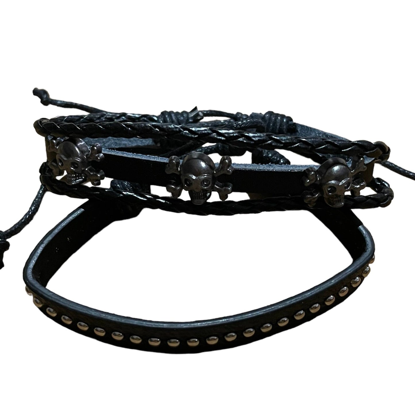 4 Layered/PCS Braided Wrap Multi Skull Leather Black Bracelet