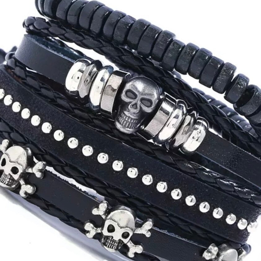 4 Layered/PCS Braided Wrap Multi Skull Leather Black Bracelet