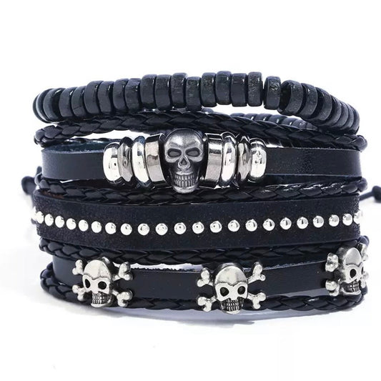 4 Layered/PCS Braided Wrap Multi Skull Leather Black Bracelet