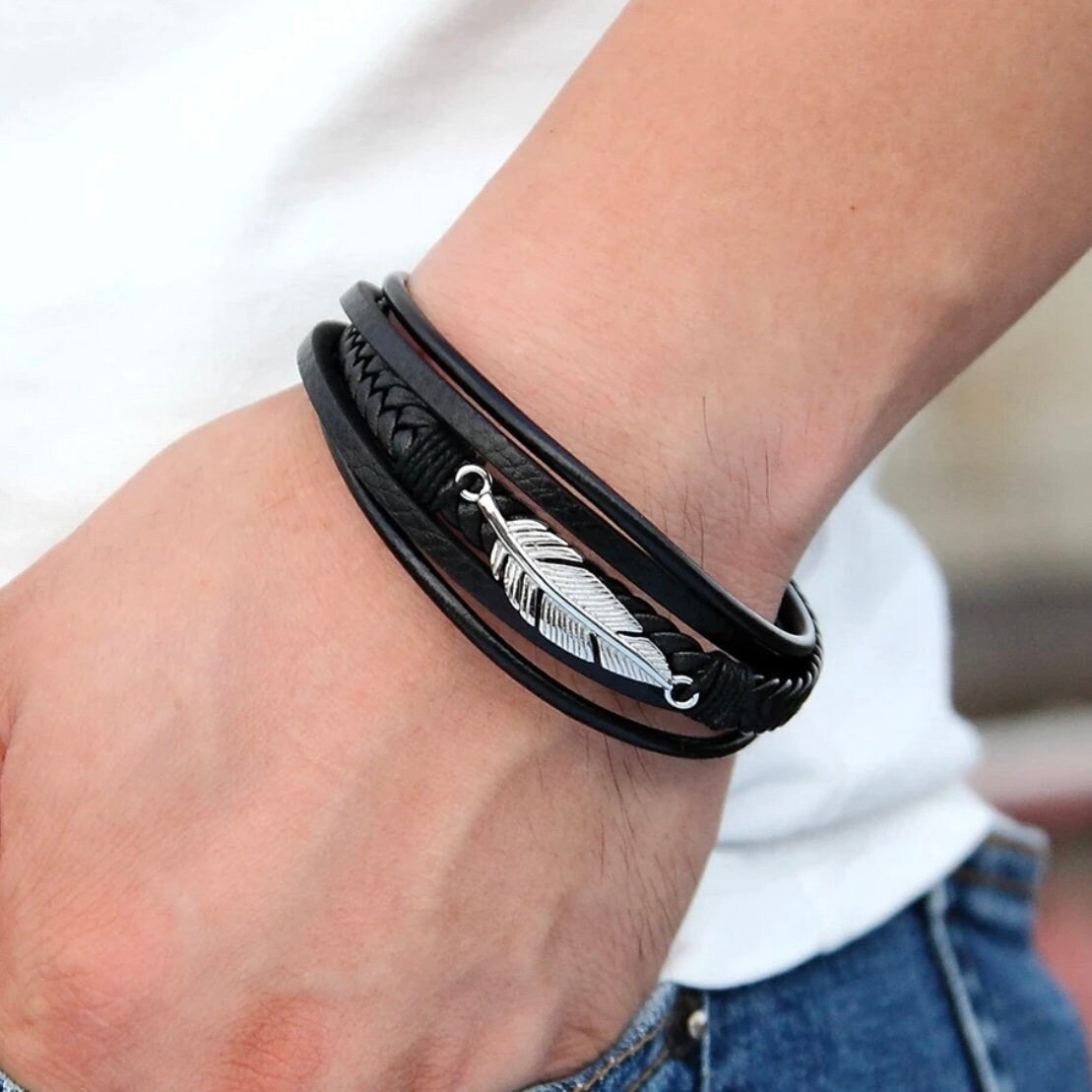 Multi-Layer Black Leather Feather Shape Charm Bracelet Wristband