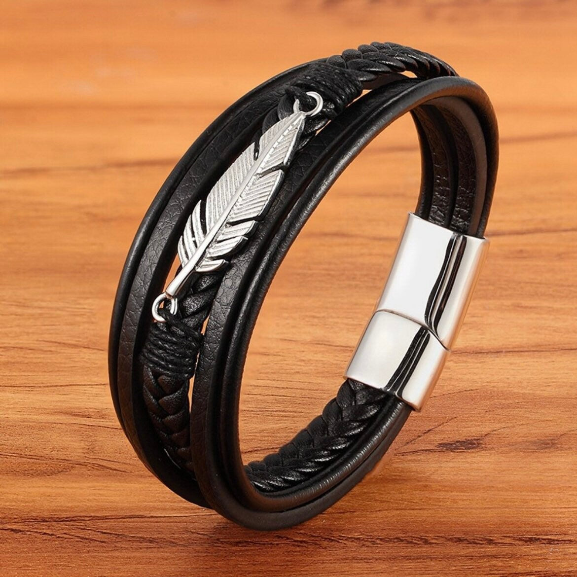 Multi-Layer Black Leather Feather Shape Charm Bracelet Wristband