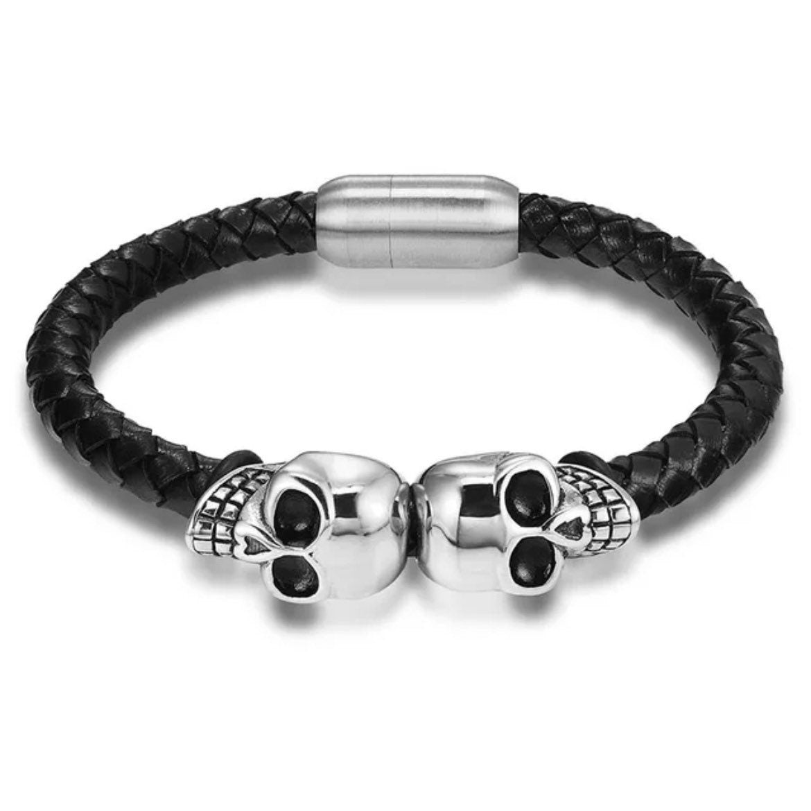 Skull Skeleton Design Charm Stainless Steel Black leather Bracelet Cuff