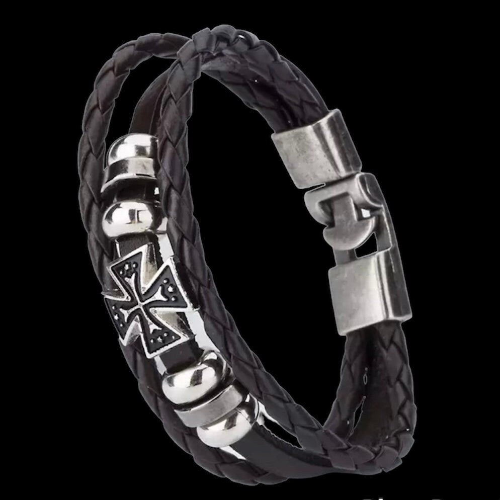 Easy Hook Cross Charm Leather Wrap Cuff Bracelet Available in Black or Brown Leather