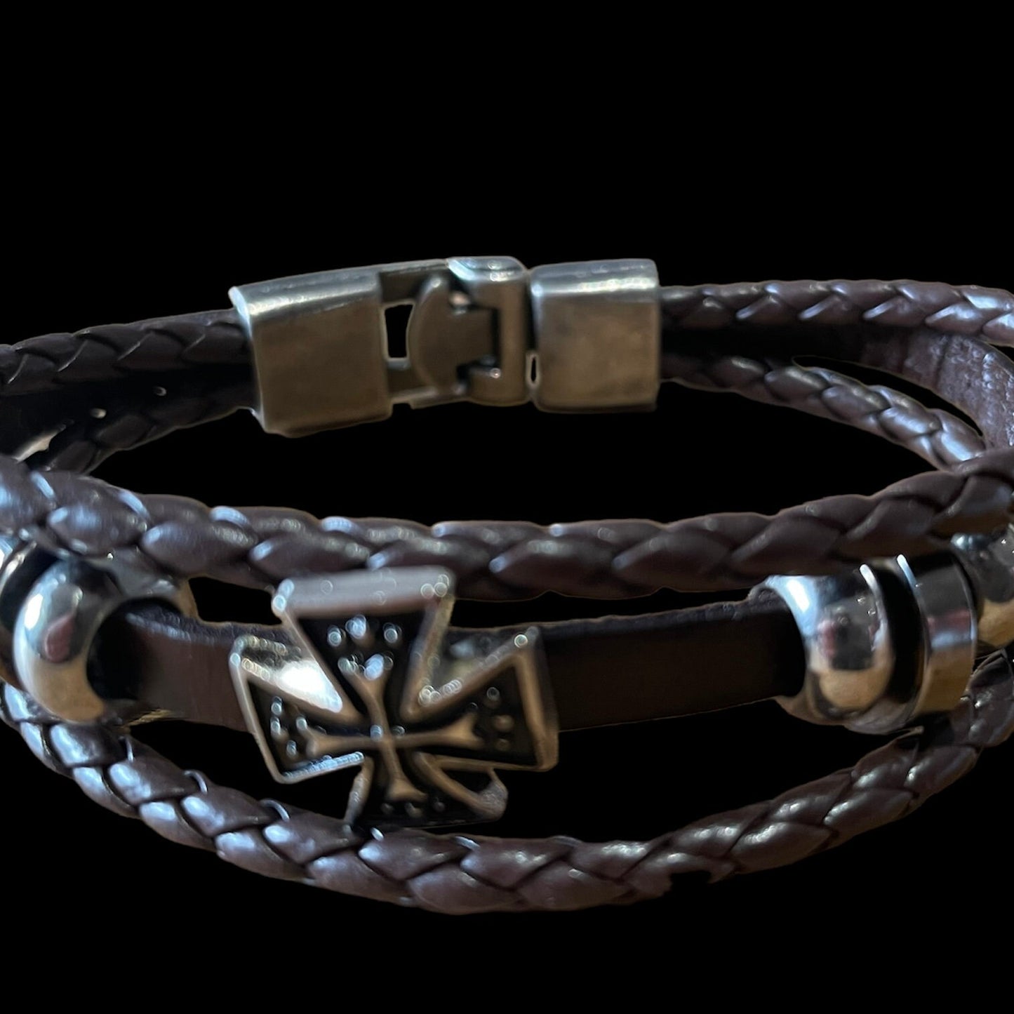 Easy Hook Cross Charm Leather Wrap Cuff Bracelet Available in Black or Brown Leather