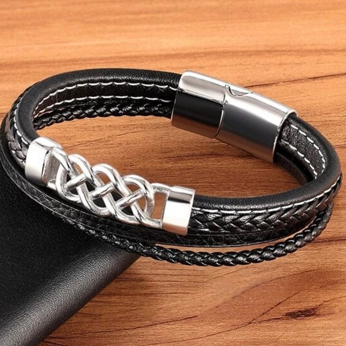 Stainless Steel Black Leather Punk Design Multi Layer Bracelet Wrap