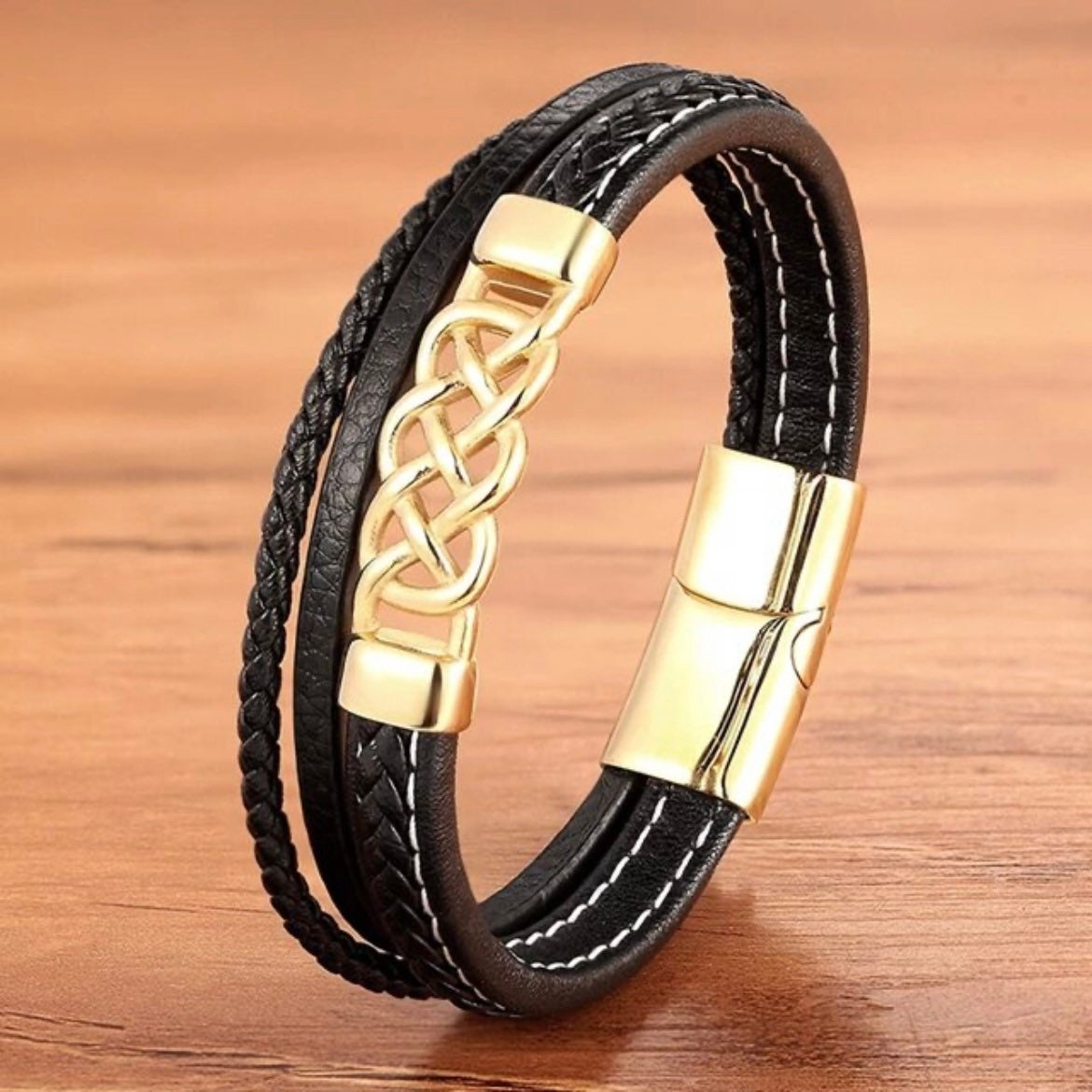 Stainless Steel Black Leather Punk Design Multi Layer Bracelet Wrap