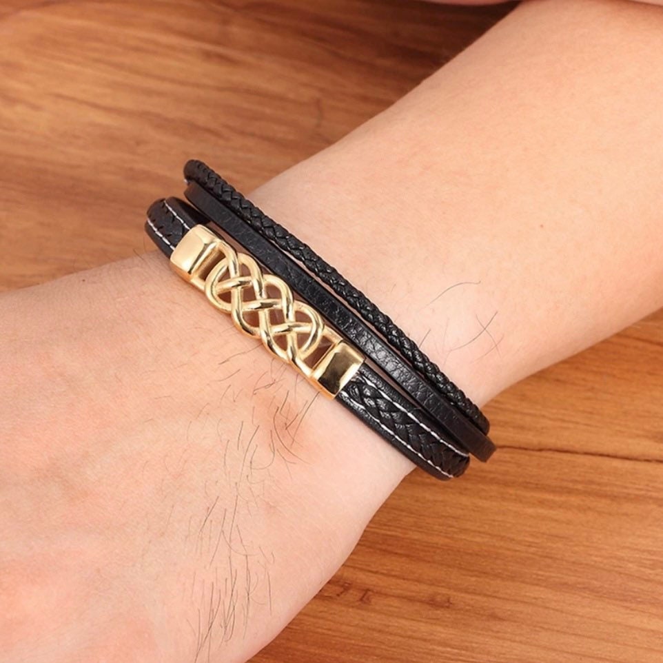 Stainless Steel Black Leather Punk Design Multi Layer Bracelet Wrap