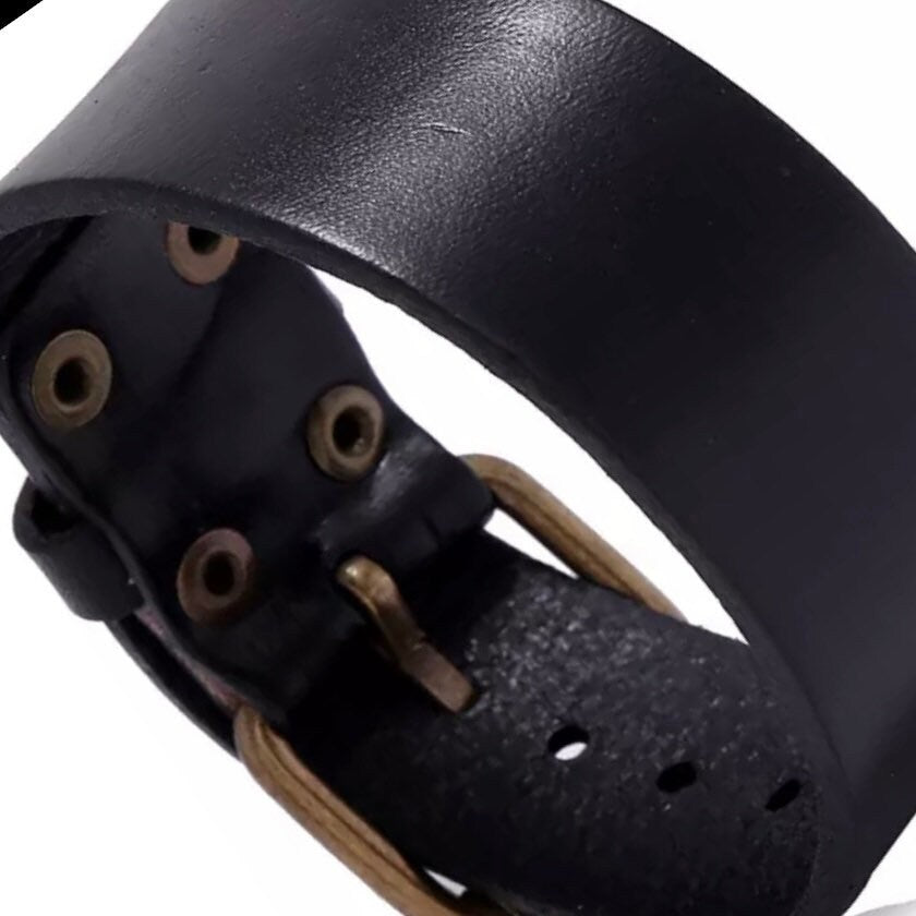 Belt Style Black Leather Bracelet Cuff Wristband