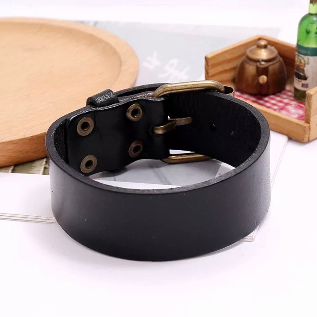 Belt Style Black Leather Bracelet Cuff Wristband