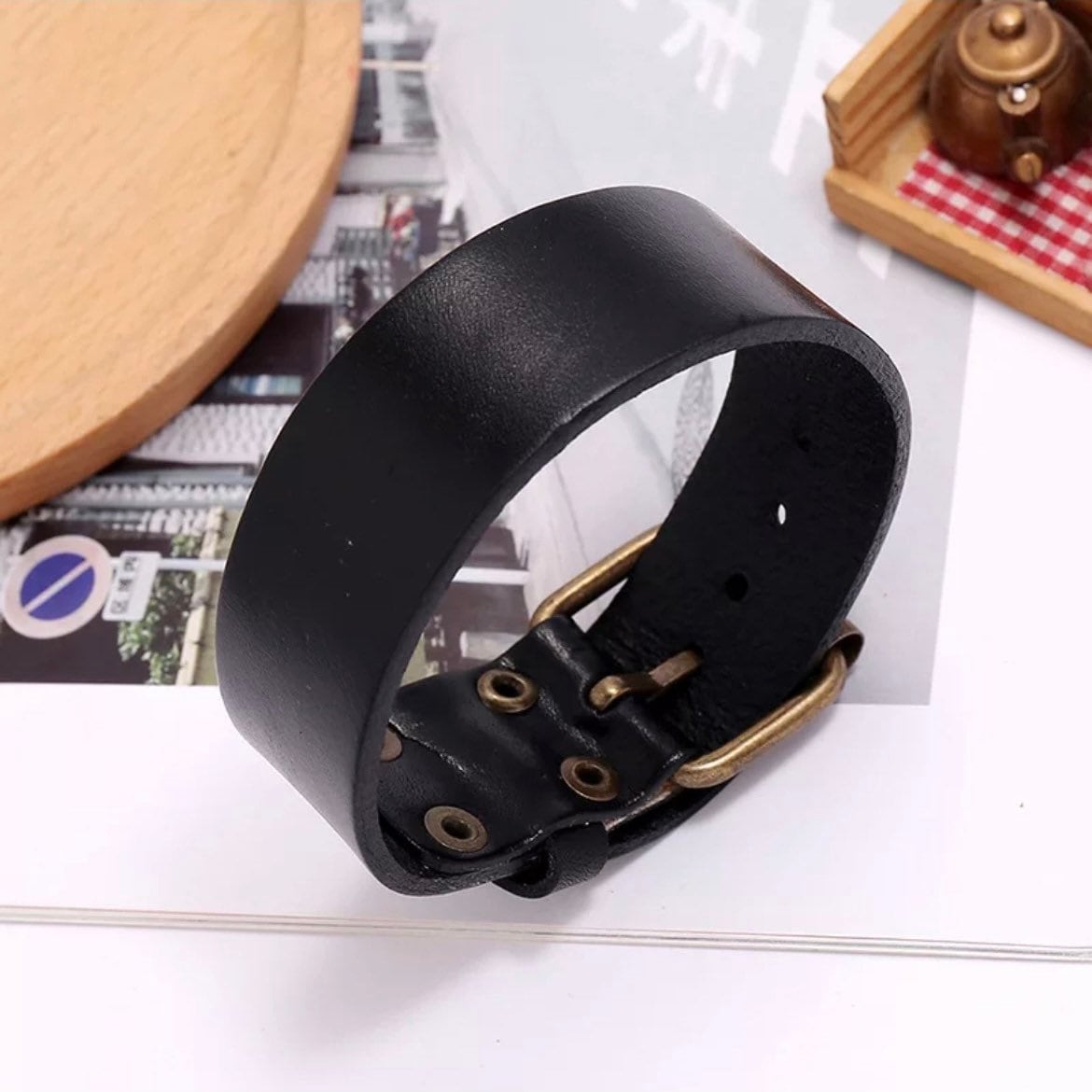 Belt Style Black Leather Bracelet Cuff Wristband