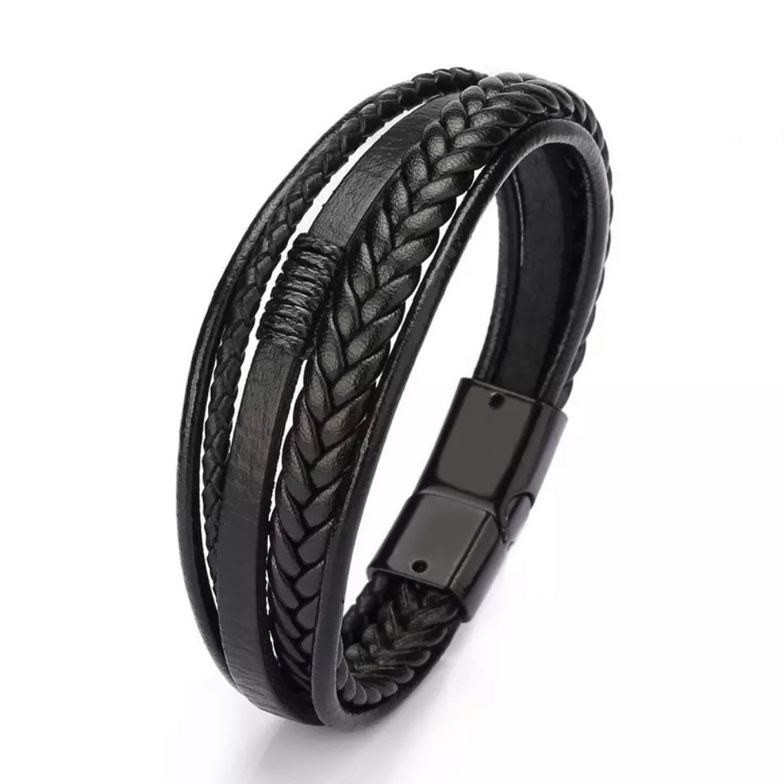 Leather Stainless Steel Multilayer Braided Rope Bracelet Wristband