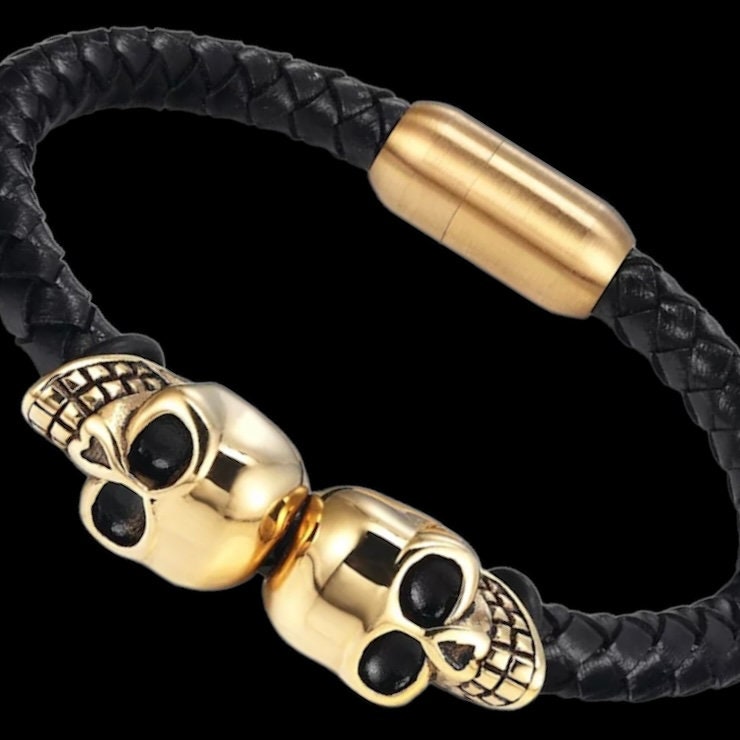 Skull Skeleton Design Charm Stainless Steel Black leather Bracelet Cuff