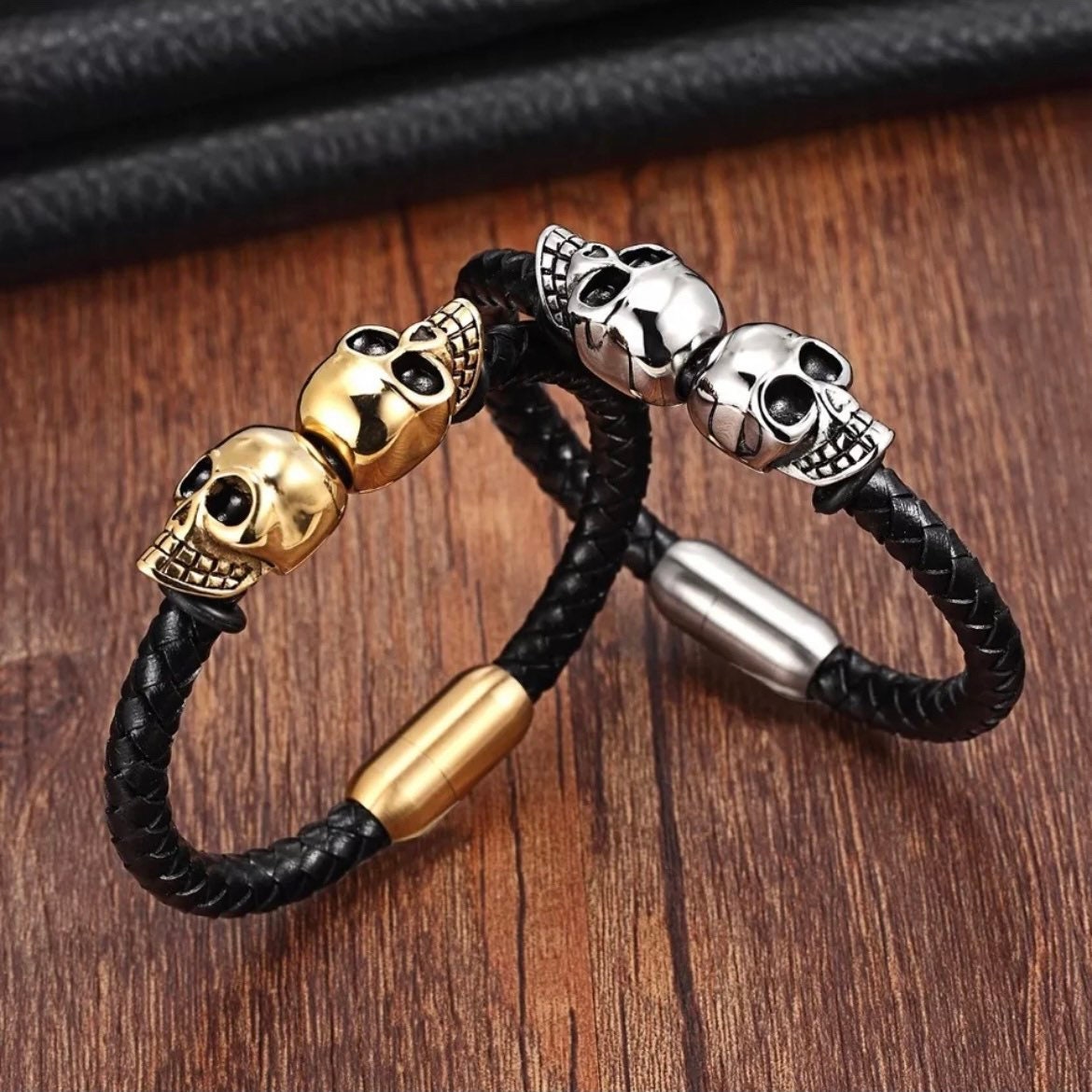 Skull Skeleton Design Charm Stainless Steel Black leather Bracelet Cuff