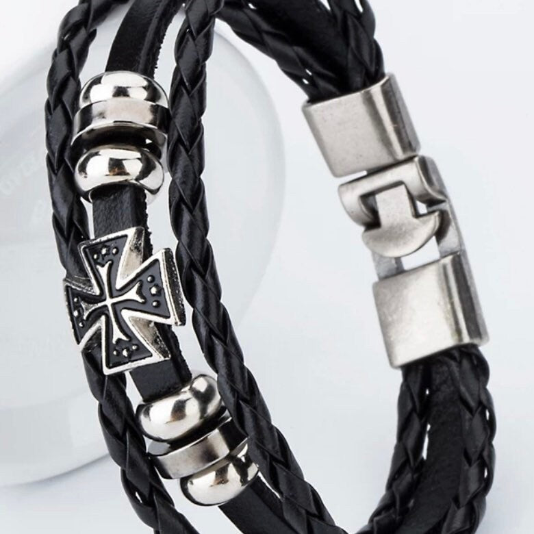 Easy Hook Cross Charm Leather Wrap Cuff Bracelet Available in Black or Brown Leather