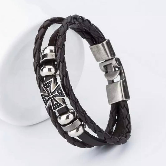 Easy Hook Cross Charm Leather Wrap Cuff Bracelet Available in Black or Brown Leather