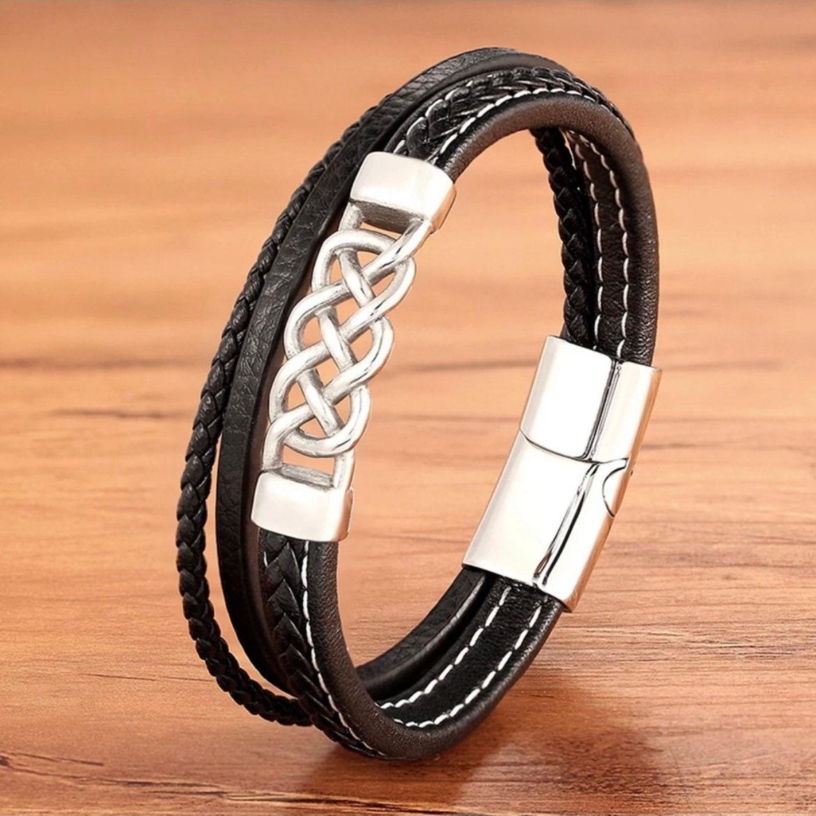 Stainless Steel Black Leather Punk Design Multi Layer Bracelet Wrap