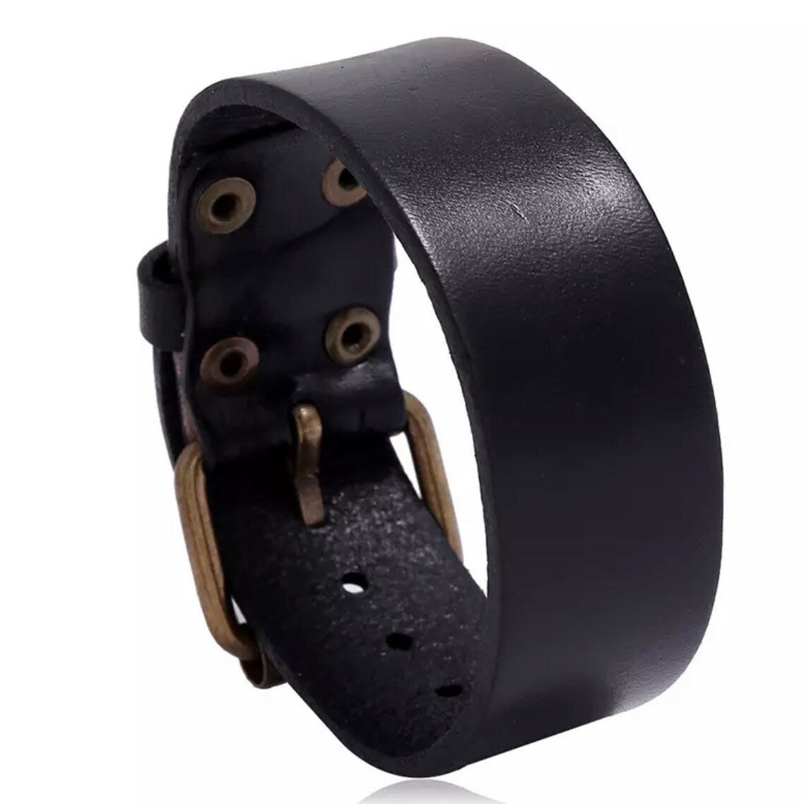 Belt Style Black Leather Bracelet Cuff Wristband