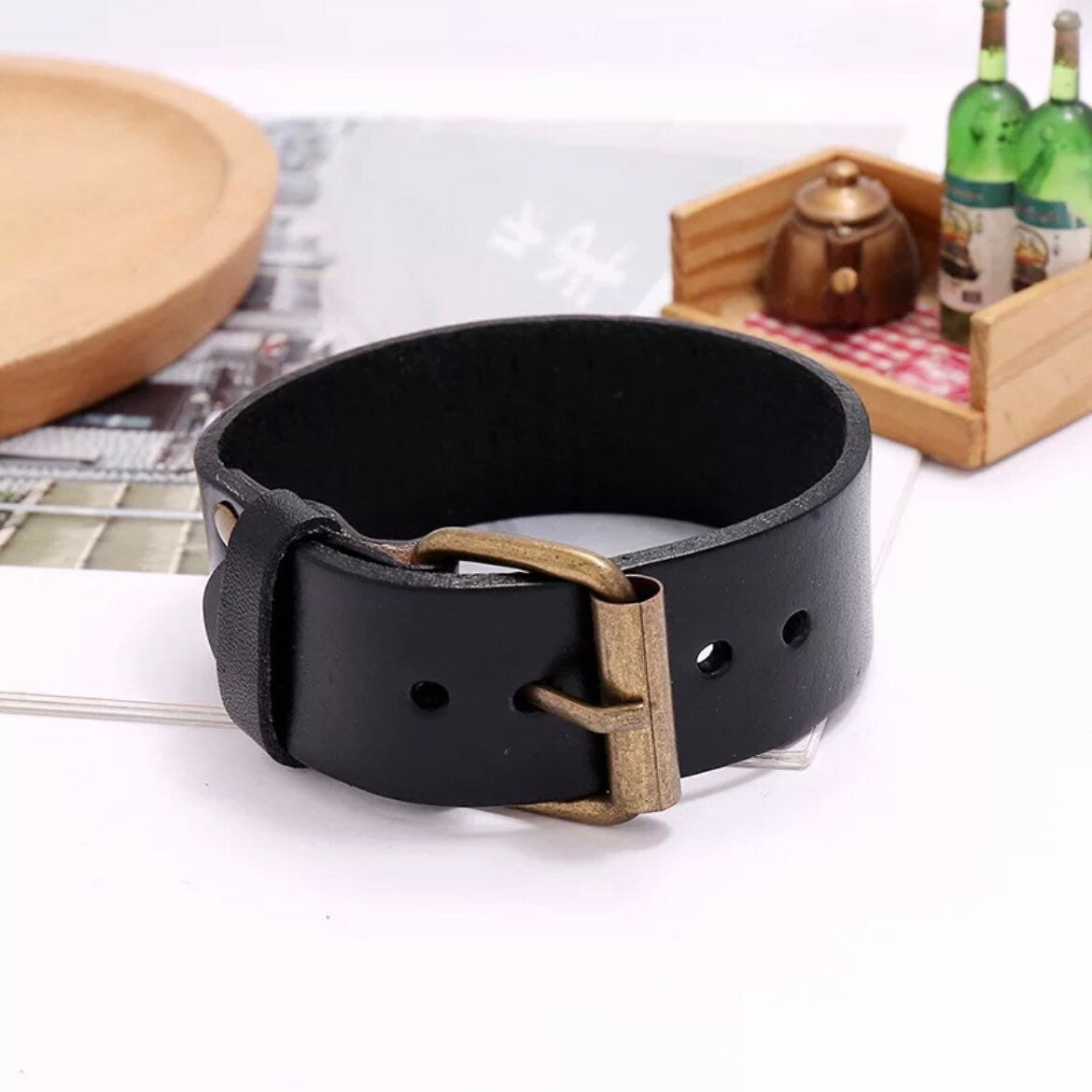 Belt Style Black Leather Bracelet Cuff Wristband