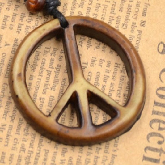 Retro Hand Carved Artificial Yak Bone Peace Symbol Pendant Necklace