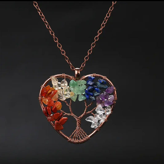 Tree Of Life Wired Reiki Crystals Heart Pendant Necklace