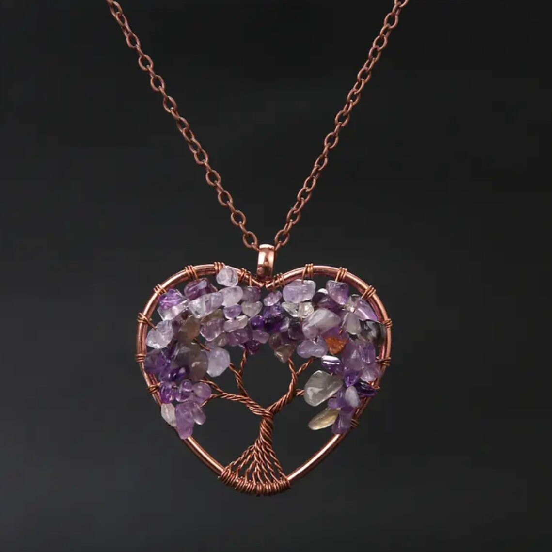 Tree Of Life Wired Reiki Crystals Heart Pendant Necklace