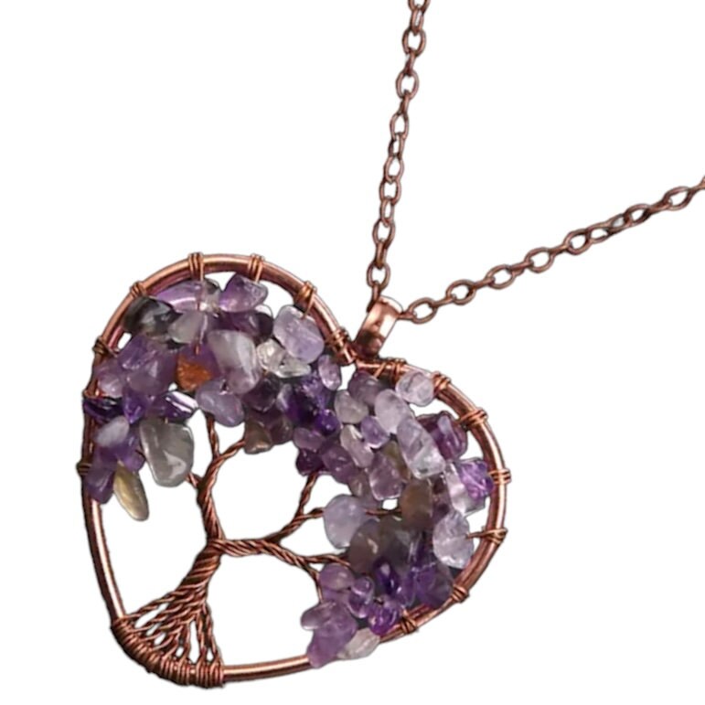 Tree Of Life Wired Reiki Crystals Heart Pendant Necklace