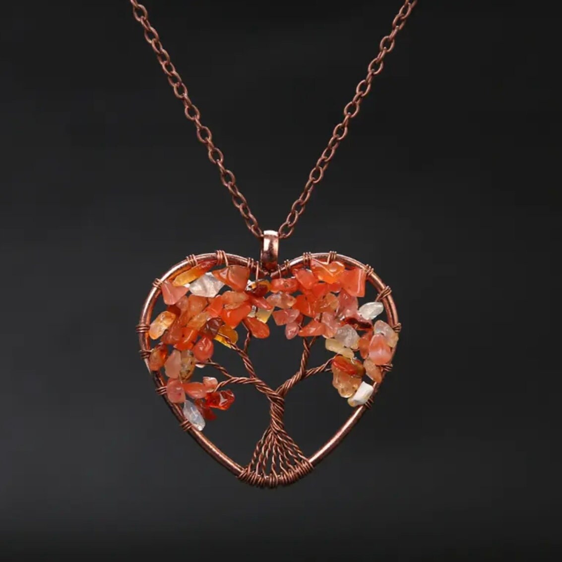 Tree Of Life Wired Reiki Crystals Heart Pendant Necklace