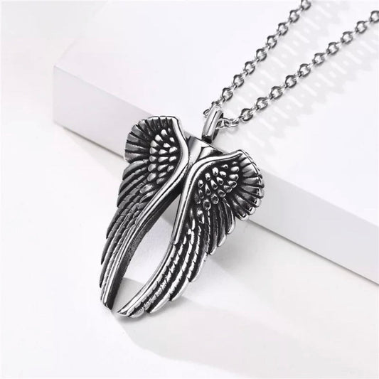 Vintage Silver Colour Angel Wing Stainless Steel Metal Urn Ashes Holder Memorial Pendant Necklace