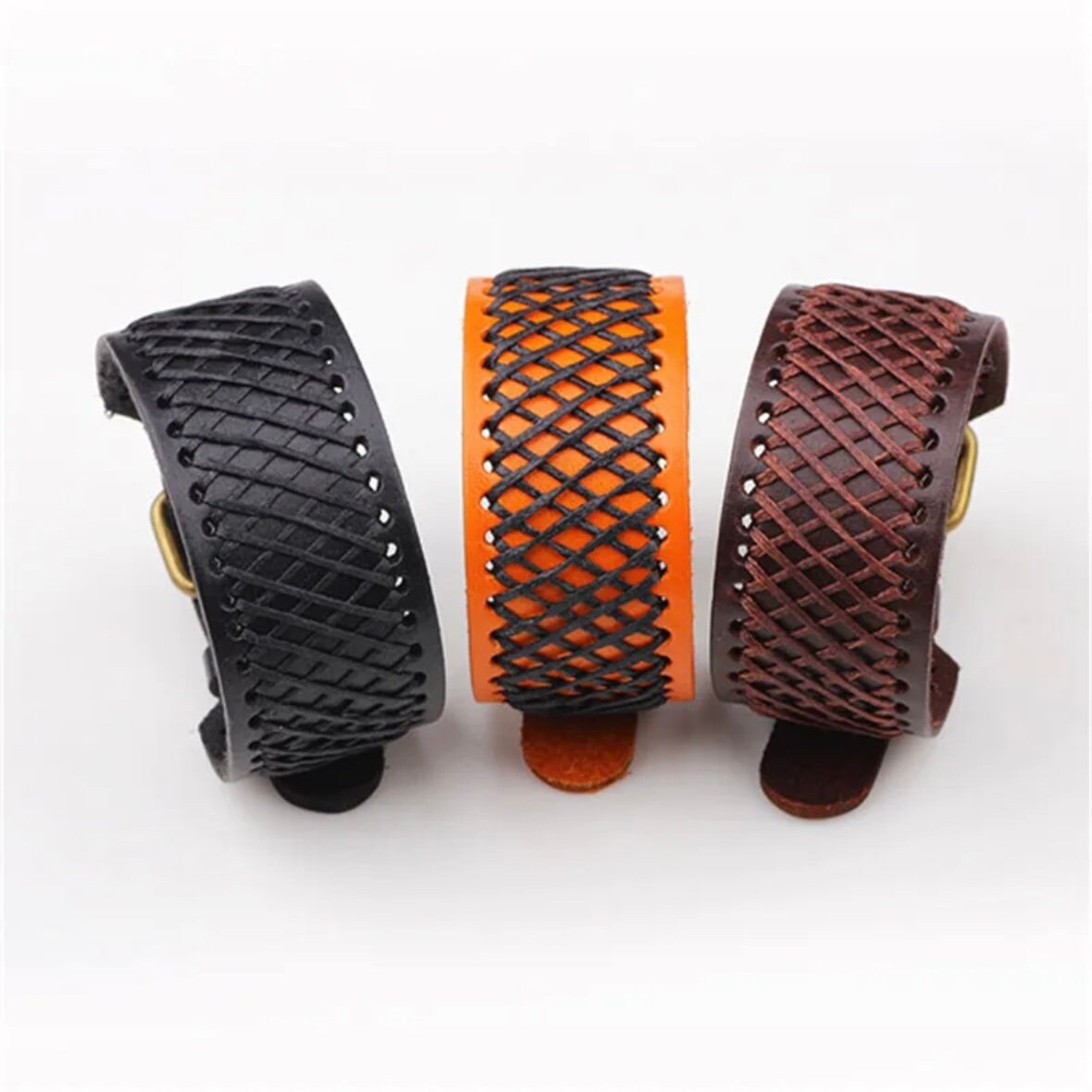 Leather Braided Punk Wide Cuff Bracelet Bangle Available in Black Brown & Orange