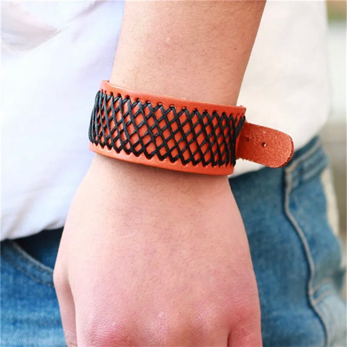 Leather Braided Punk Wide Cuff Bracelet Bangle Available in Black Brown & Orange