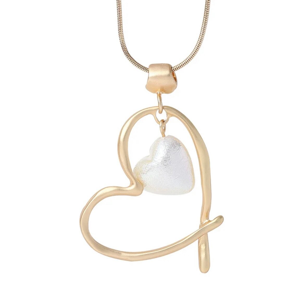 Long Chain Heart Shape Imitation Pearl Pendant Necklace Available in Gold or Silver Colours