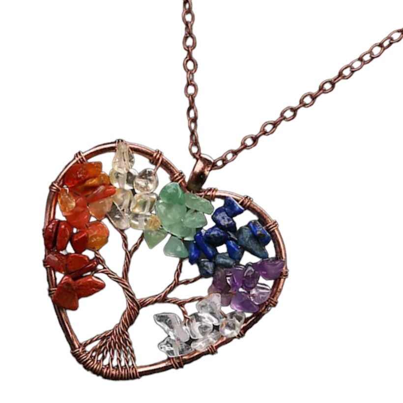 Tree Of Life Wired Reiki Crystals Heart Pendant Necklace